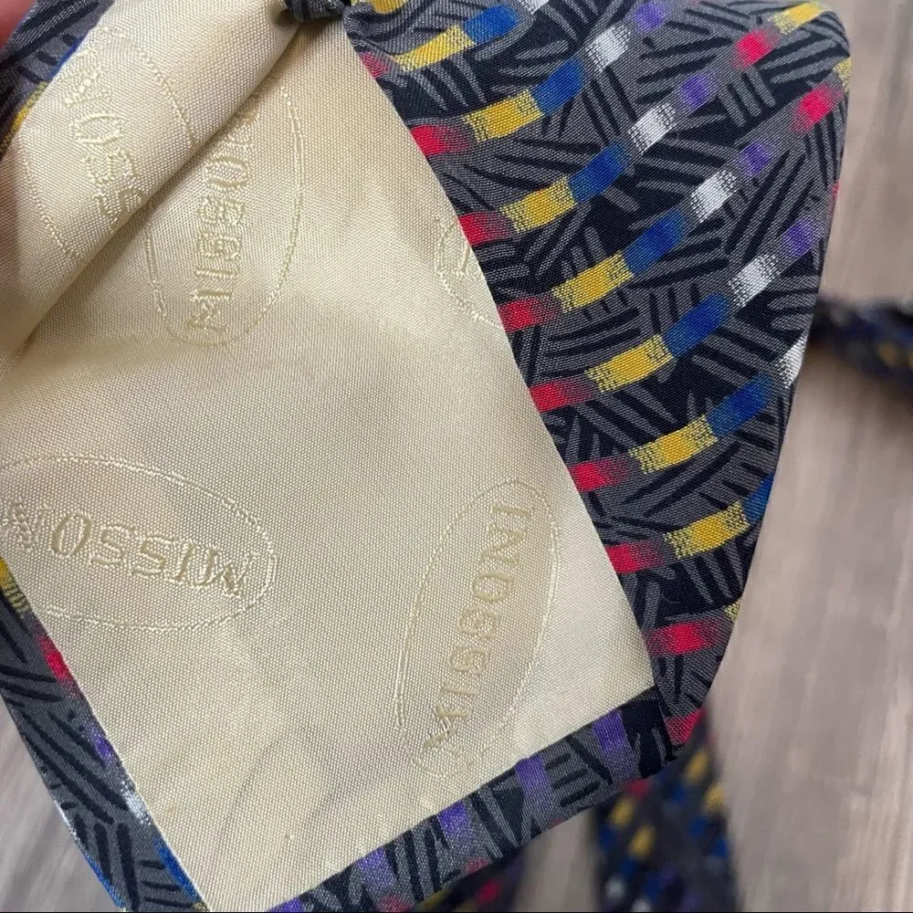 Missoni Vintage Blue Yellow Red Allover Pattern Silk Tie